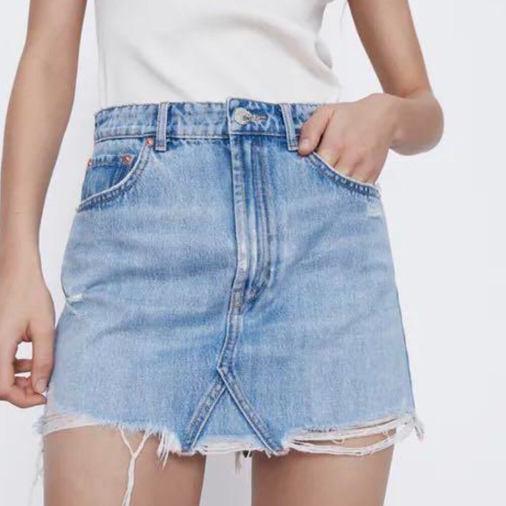 Zara Distressed Denim Mini Skirt - Size XS
